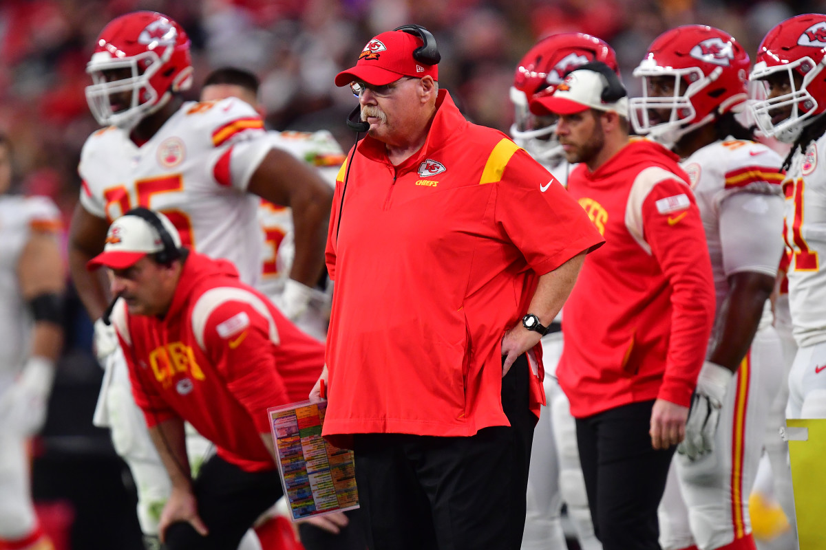Jan 7, 2023; Paradise, Nevada, USA; Kansas City Chiefs head coach Andy Reid watches game action against the Las Vegas Raiders during the first half at Allegiant Stadium. Mandatory Credit: Gary A. Vasquez-USA TODAY Sports